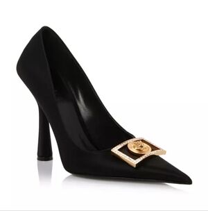 VERSACE Crystal  Medusa Frame Pointed Toe Satin Pumps Black EU 38 US 8 Org $1450